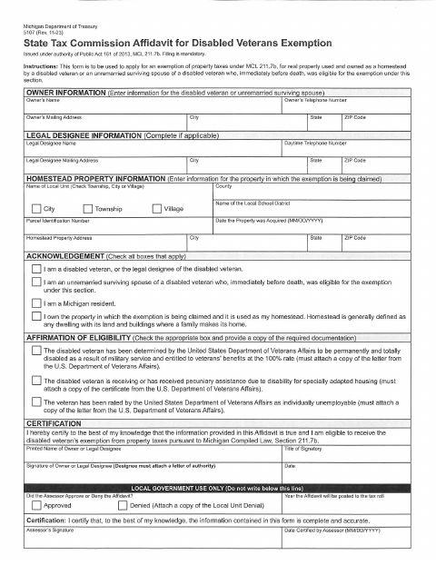 First page of the State Tax Commission Affidavit for Disabled Veterans Exemption