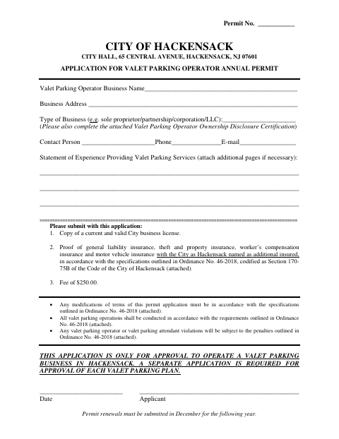 First page of the Valet Parking Operator Annual Permit Application