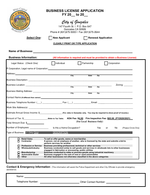 First page of the Business License Application