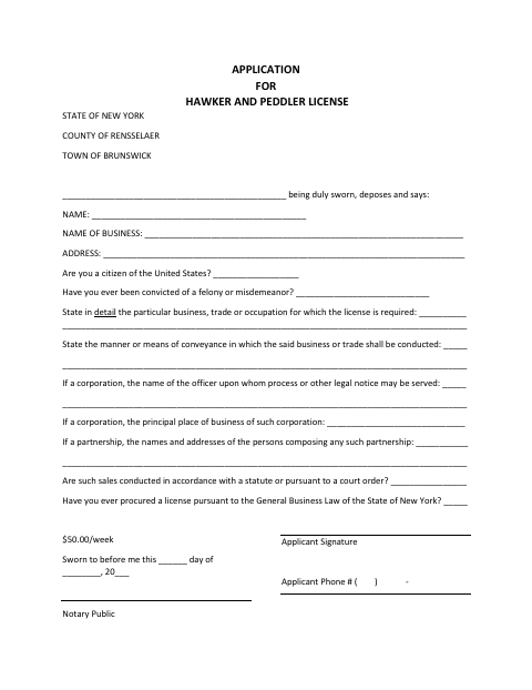 First page of the Application for Hawker and Peddler License