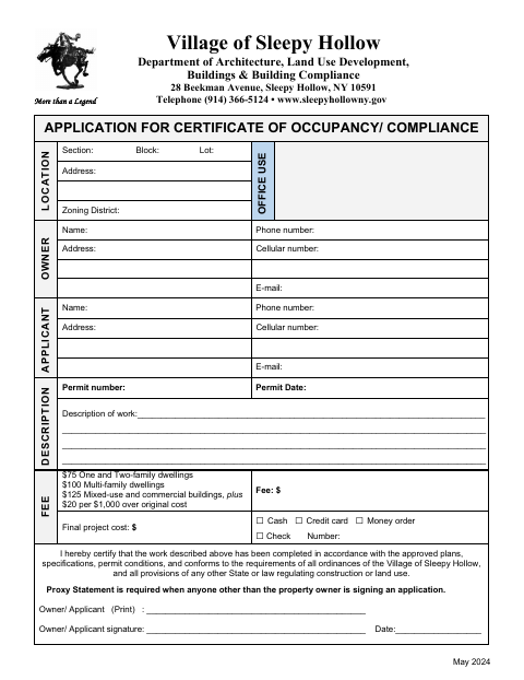 First page of the Application for Certificate of Occupancy/Compliance