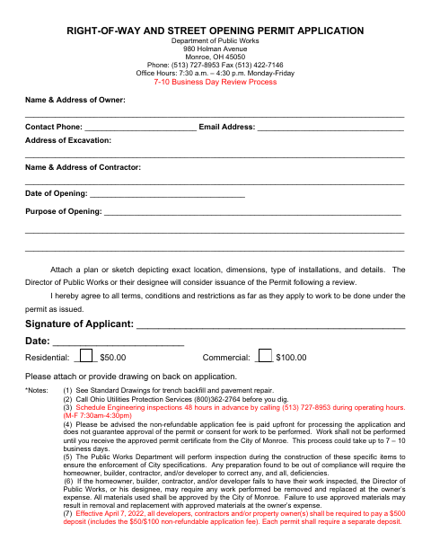 First page of the Right-of-Way and Street Opening Permit Application