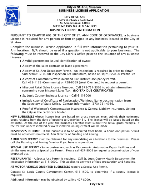 First page of the Business License Application