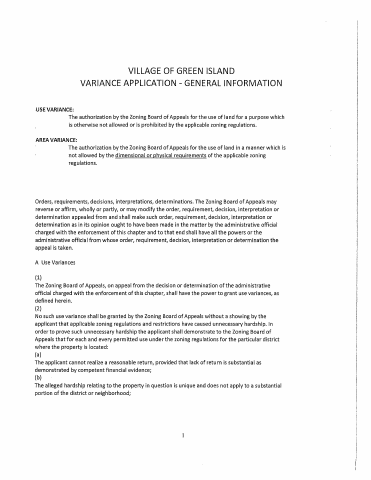 First page of the Zoning Board of Appeals Area Variance Application
