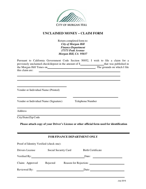 First page of the Unclaimed Money Claim Form