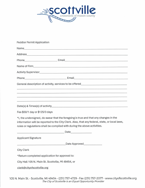First page of the Peddler Permit Application