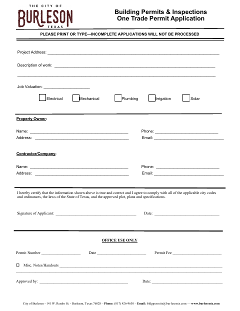 First page of the One Trade Permit Application