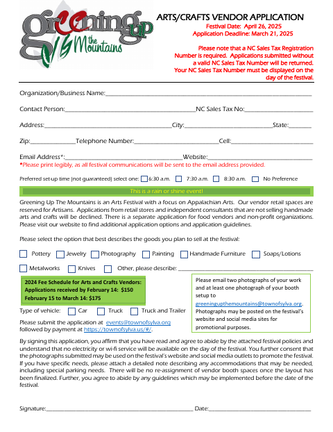 First page of the Arts & Crafts Vendor Application Form