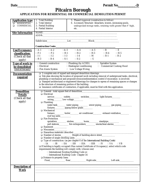 First page of the Residential or Commercial Demolition Permit Application