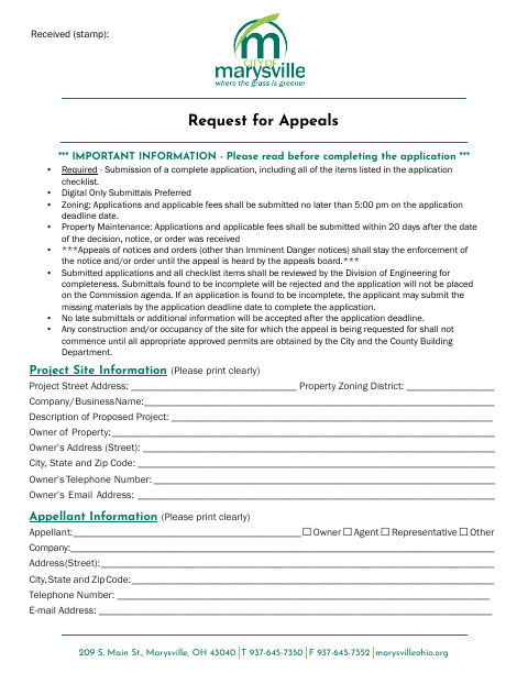 First page of the Request for Appeal Application (Board of Zoning Appeals)