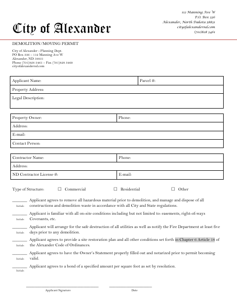 First page of the Demolition/Moving Permit
