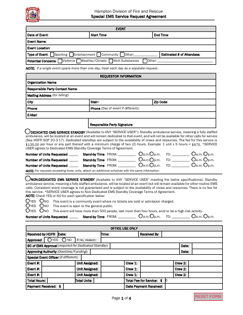 First page of the Special EMS Service Request Agreement