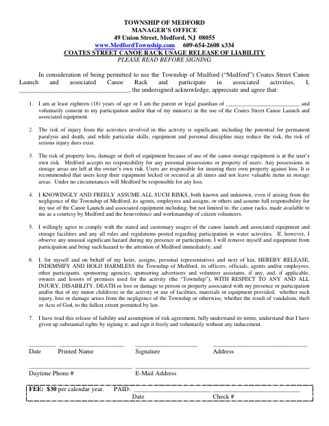 First page of the Coates Street Canoe Rack Usage Release of Liability
