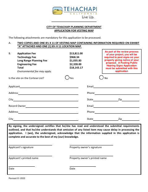 First page of the Application for Vesting Map
