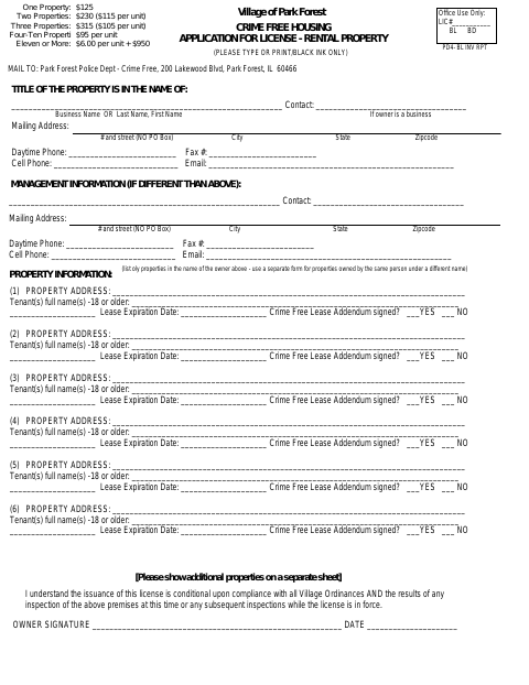 First page of the Crime Free Housing Application for Rental Property