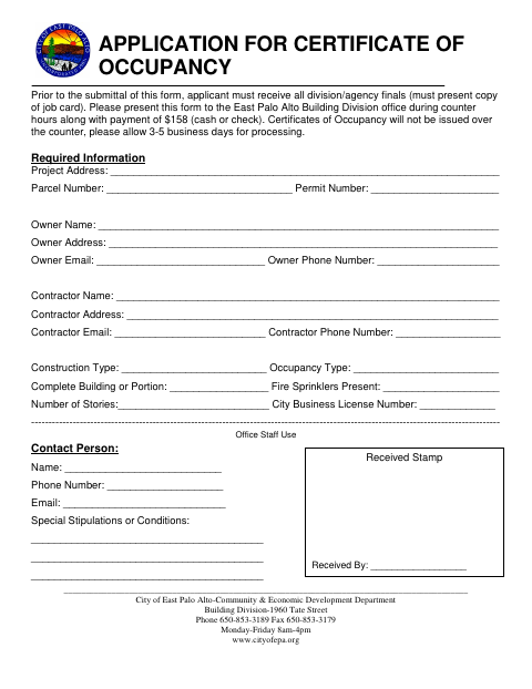 First page of the Application for Certificate of Occupancy
