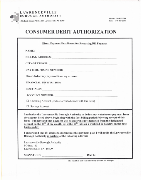 First page of the Consumer Debit Authorization