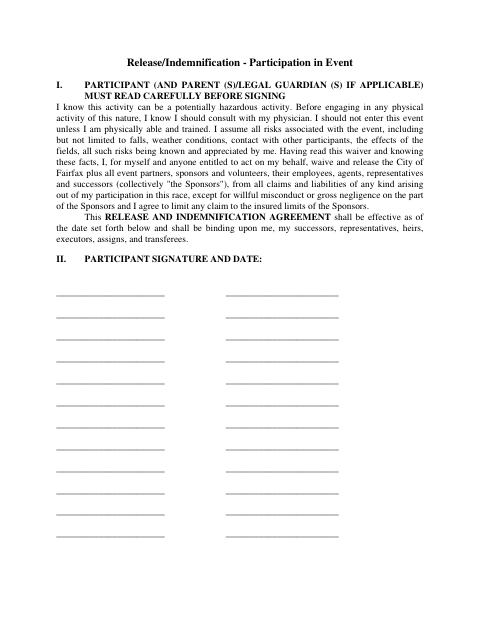 First page of the Release and Indemnification for Event Participation