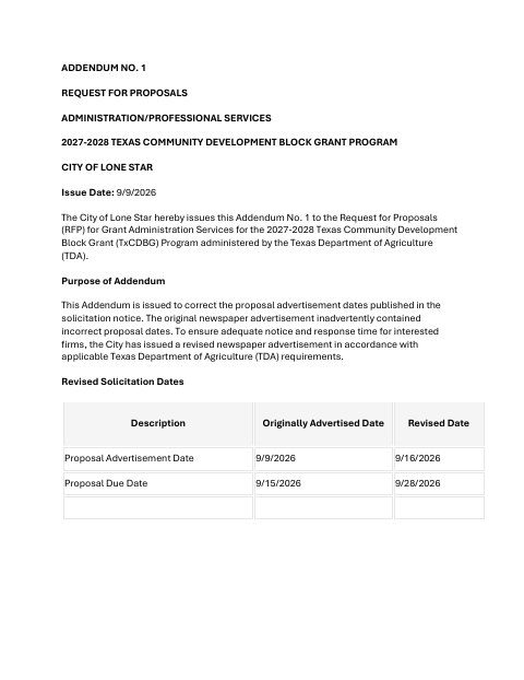 First page of the Addendum No. 1 Request for Proposals Administration / Professional Services 2027–2028 Texas Community Development Block Grant Program