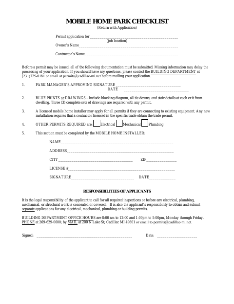 First page of the Mobile Home Park Checklist