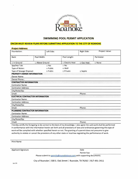 First page of the Swimming Pool Permit Application