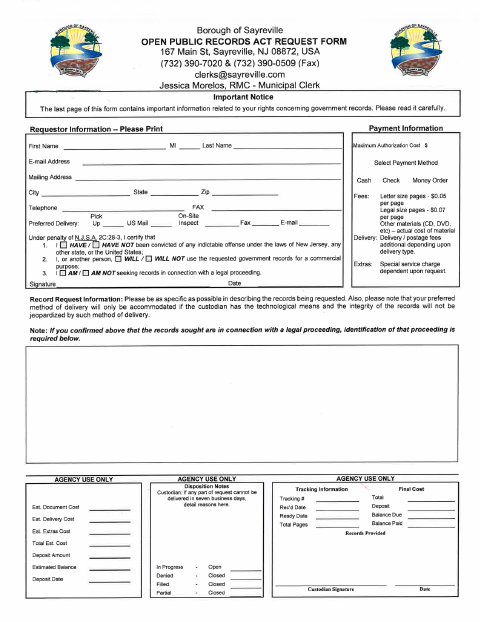 First page of the Open Public Records Act Request Form