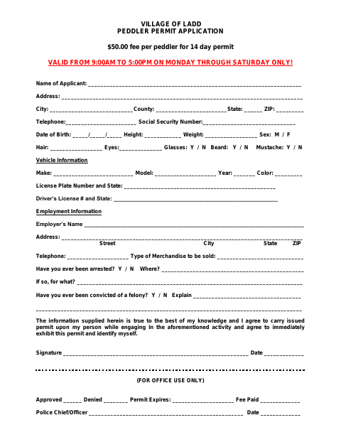 First page of the Peddler Permit Application