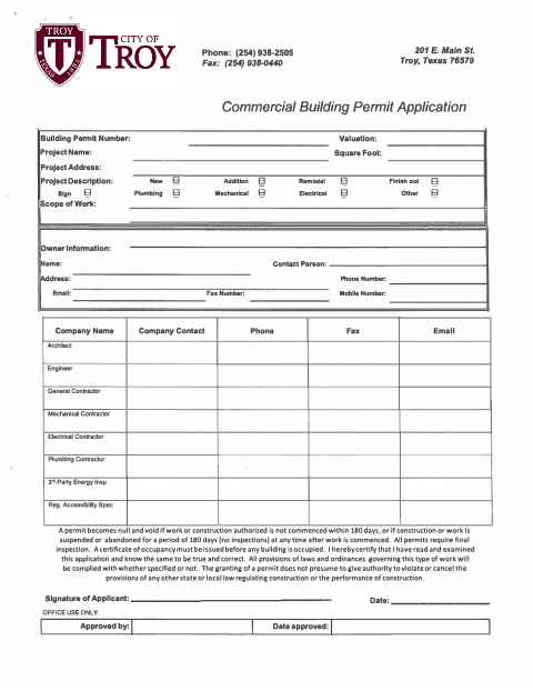 First page of the Commercial Building Permit Application