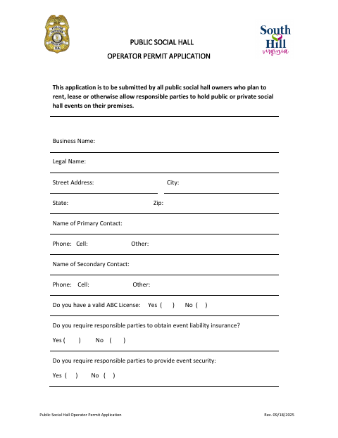 First page of the Public Social Hall Operator Permit Application