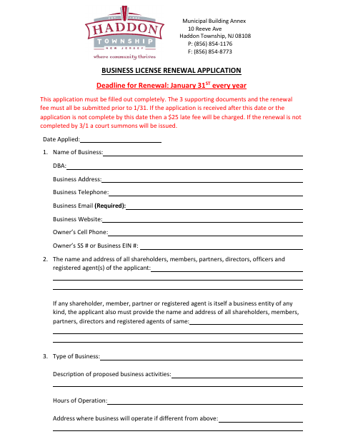 First page of the Business License Renewal Application