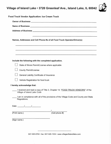 First page of the Food Truck Vendor Application: Ice Cream Truck