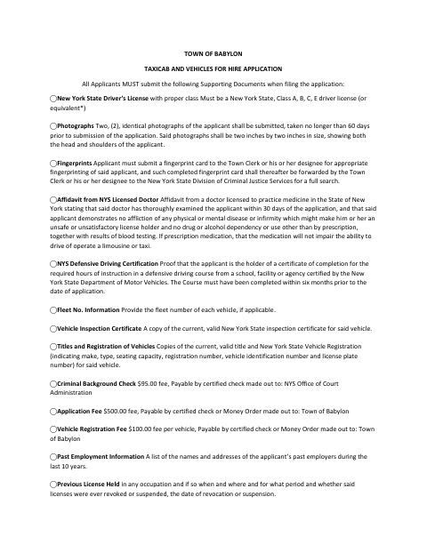 First page of the Taxicab and Vehicle for Hire Checklist