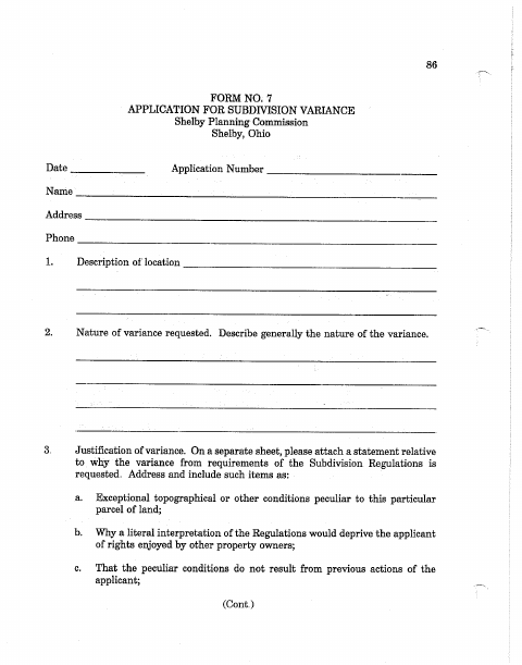 First page of the Application for Subdivision Variance