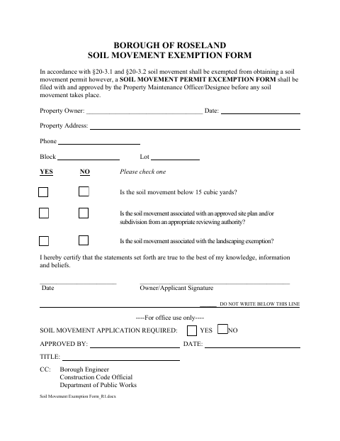 First page of the Soil Movement Exemption Form