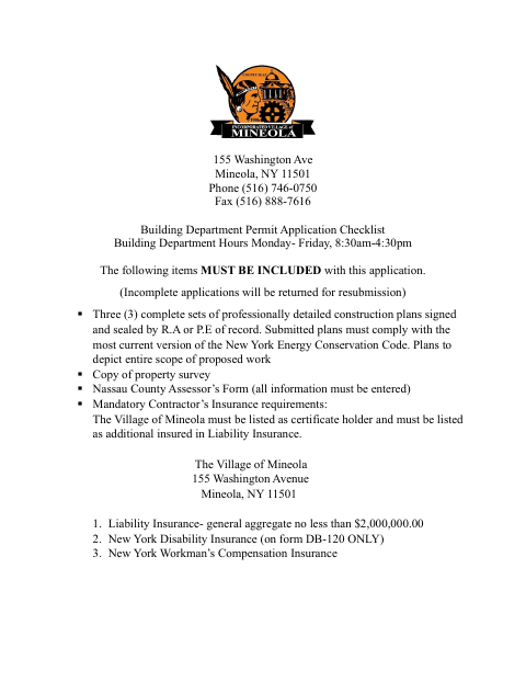 First page of the Building Permit Application Checklist