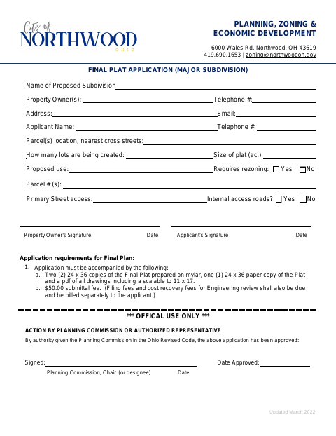 First page of the Final Plat Application (Major Subdivision)