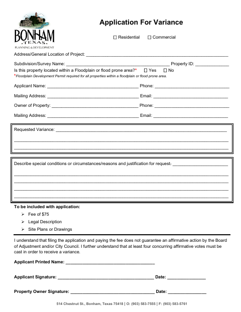 First page of the Application for Variance