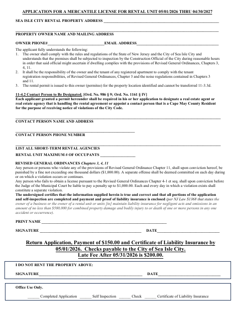 First page of the Application for a Mercantile License for Rental