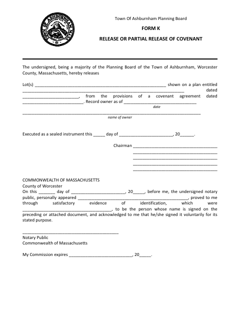 First page of the Release or Partial Release of Covenant
