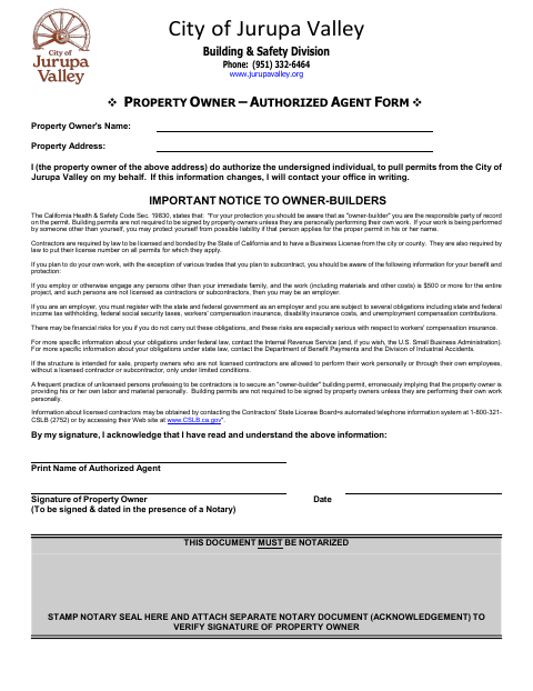 First page of the Property Owner Authorized Agent Form