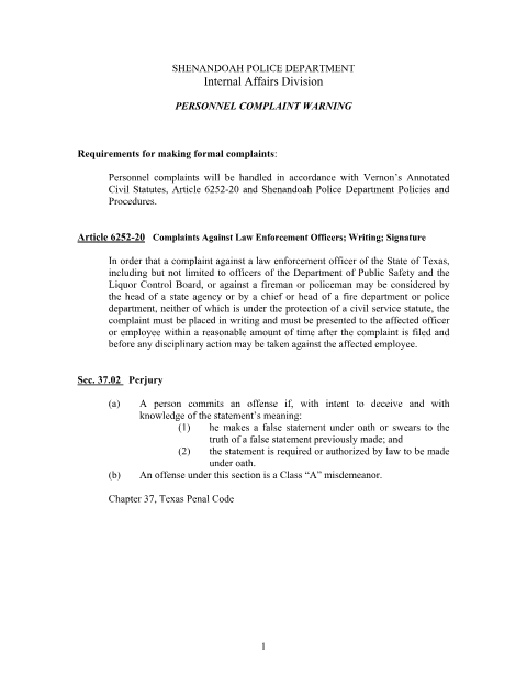 First page of the Police Personnel Complaint Affidavit