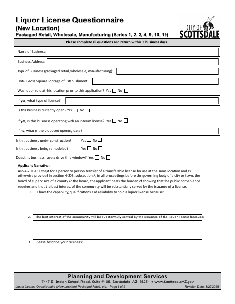 First page of the Liquor License Questionnaire (New Location) – Packaged Retail, Wholesale, Manufacturing