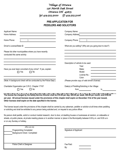First page of the Pre-Application for Peddlers and Solicitors