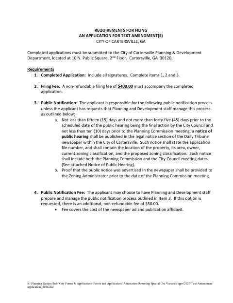 First page of the Text Amendment to Zoning Ordinance Application