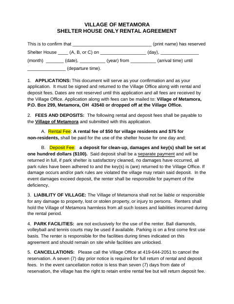 First page of the Shelter House Only Rental Agreement
