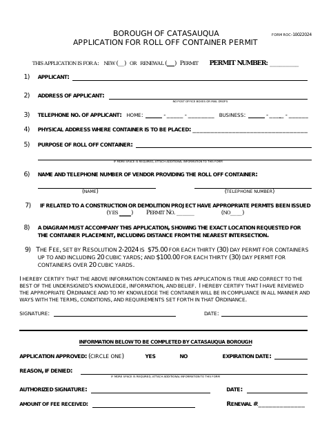 First page of the Application for Roll Off Container Permit