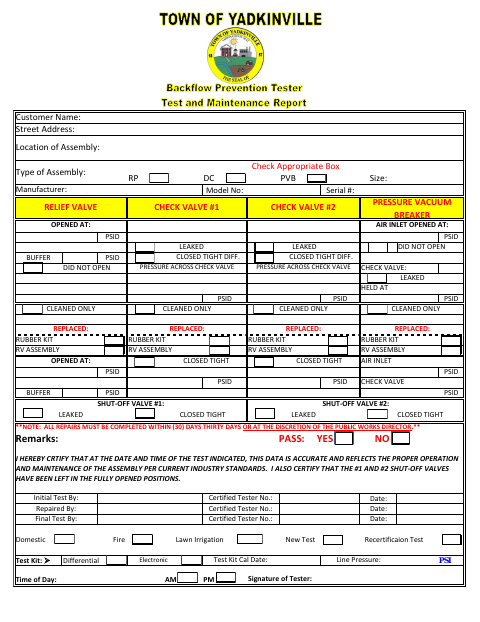 First page of the Backflow Test and Maintenance Form