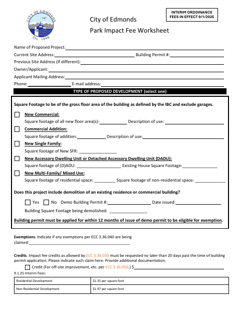 First page of the Park Impact Fee Worksheet