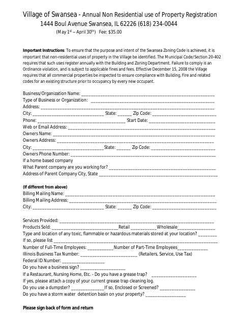 First page of the Annual Non-Residential Use of Property Registration