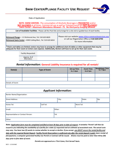First page of the Swim Center/Plunge Facility Use Request